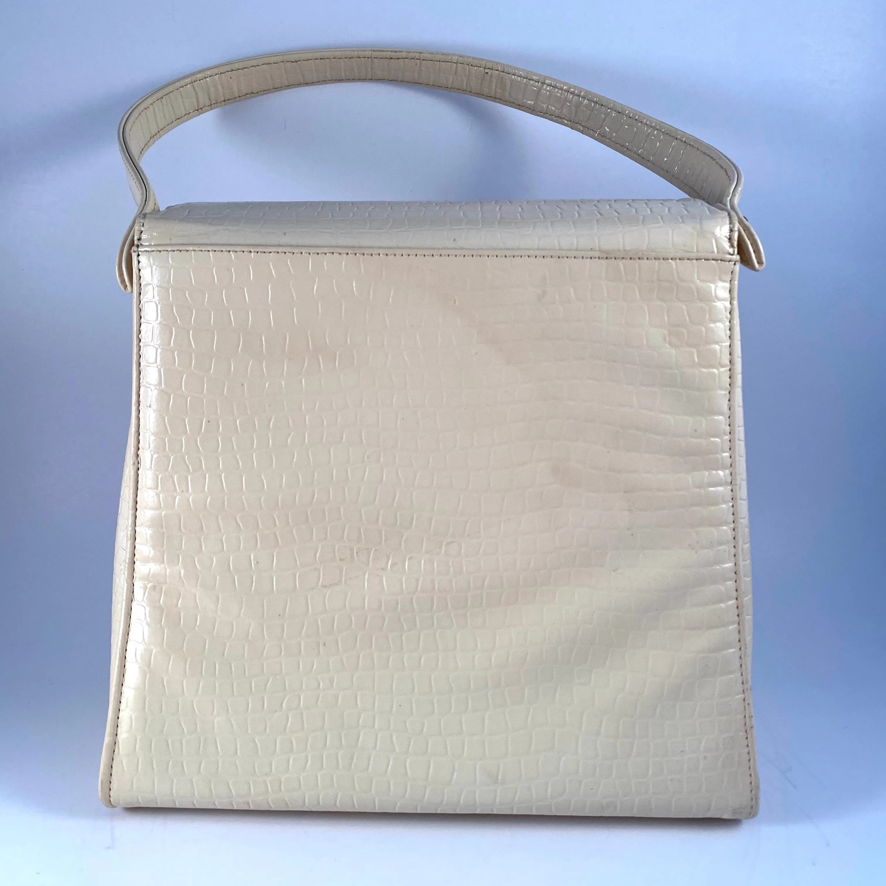 1950s Ivory & Black Patent Leather Front Flap Handbag