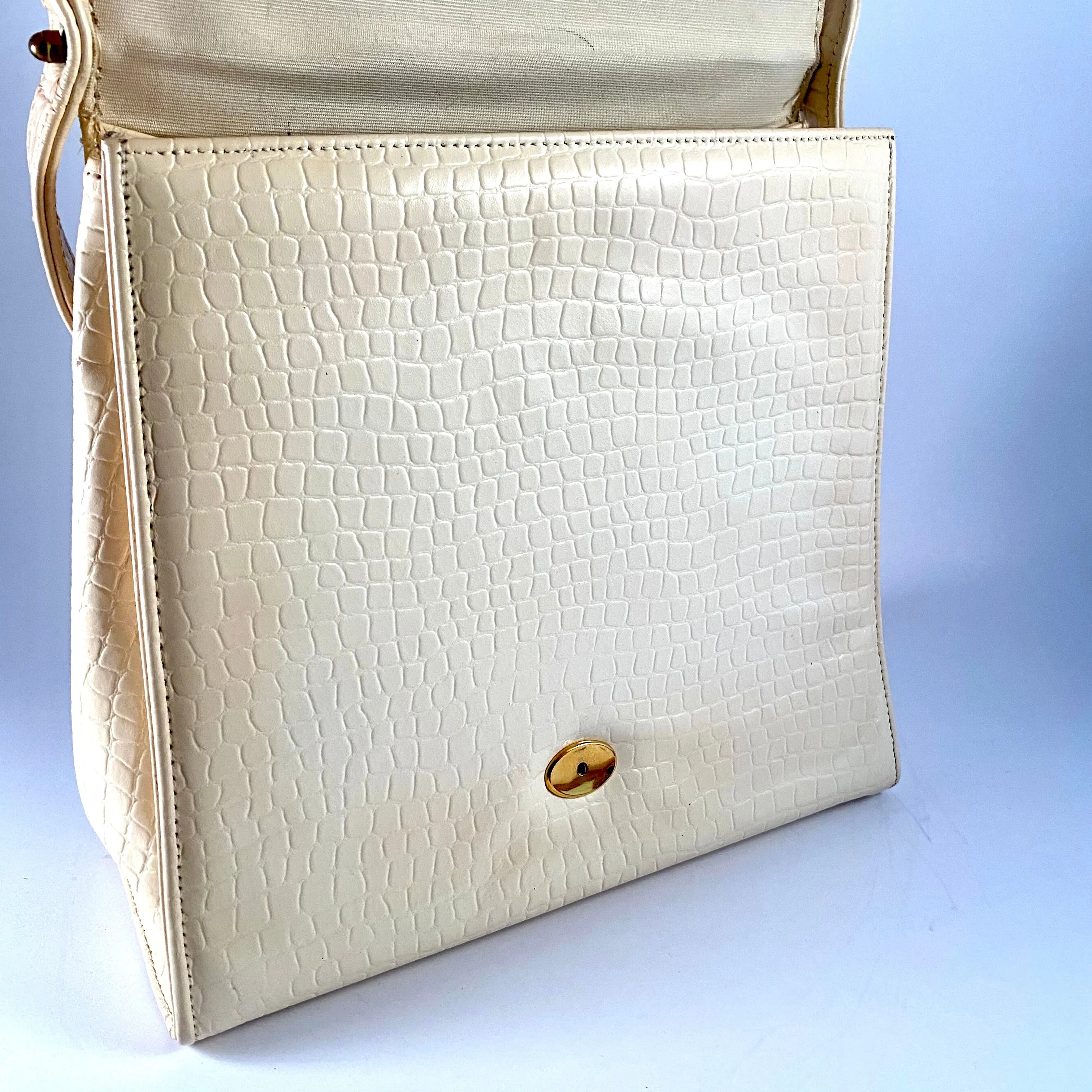 1950s Ivory & Black Patent Leather Front Flap Handbag