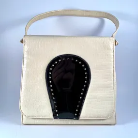 1950s Ivory & Black Patent Leather Front Flap Handbag