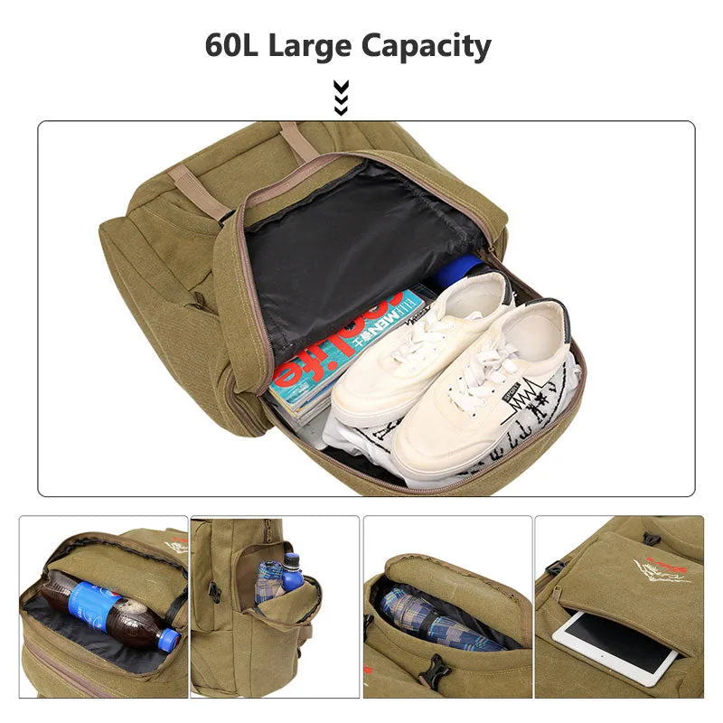 60L Large Canvas Camping Hiking Backpack