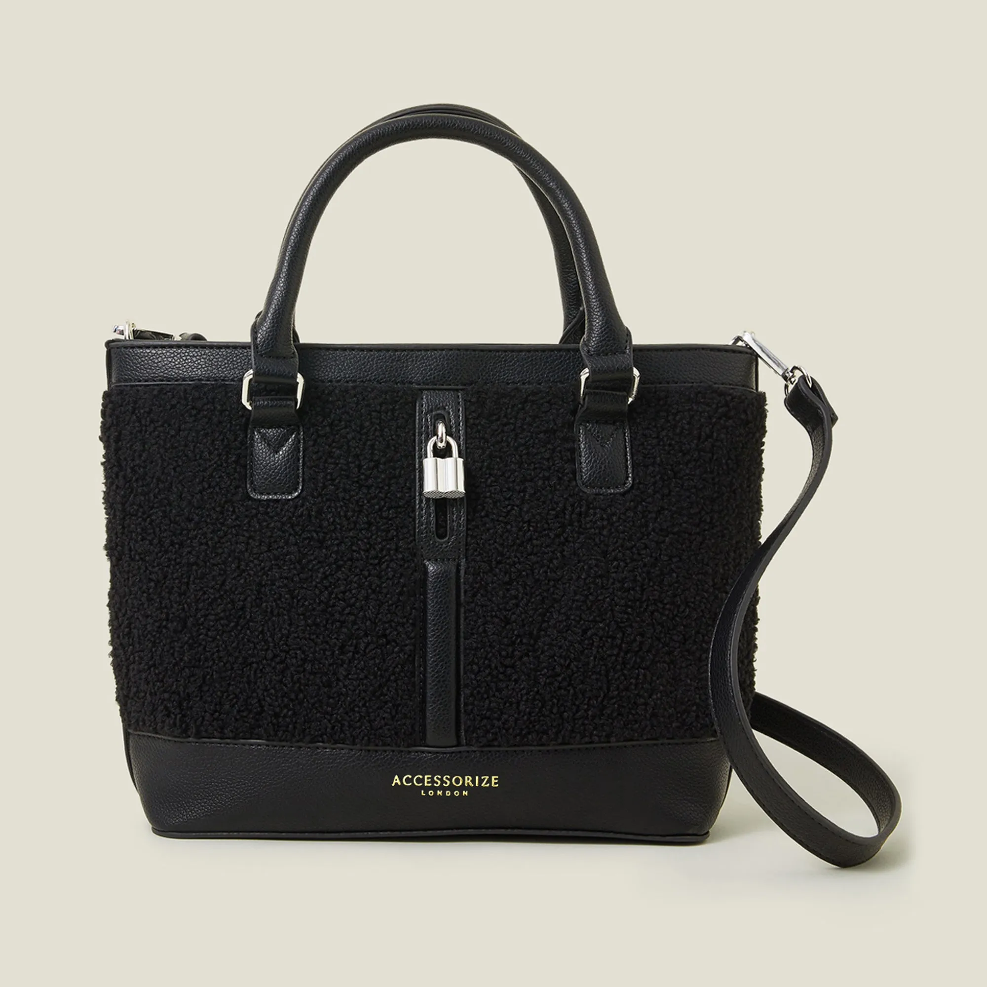 Accessorize London Women's Black Shearling Handheld Bag