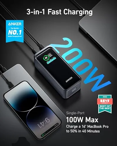 Anker Prime Power Bank, 20,000mAh Portable Charger with 200W Output, Smart Digital Display, 2 USB-C and 1 USB-A Port Compatible with iPhone 15/14/13 Series, Samsung, MacBook, Dell, and More