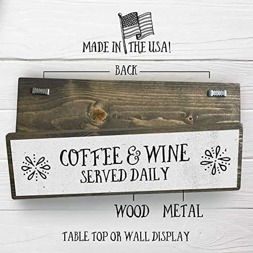 ANVEVO Coffee and Wine Served Daily - Handmade Metal Wood Coffee Sign – Cute Rustic Wall Decor Art - Farmhouse Decorations – Coffee Signs for Home Decor