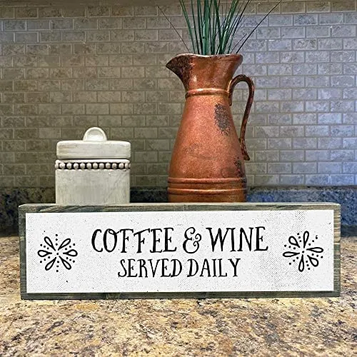 ANVEVO Coffee and Wine Served Daily - Handmade Metal Wood Coffee Sign – Cute Rustic Wall Decor Art - Farmhouse Decorations – Coffee Signs for Home Decor