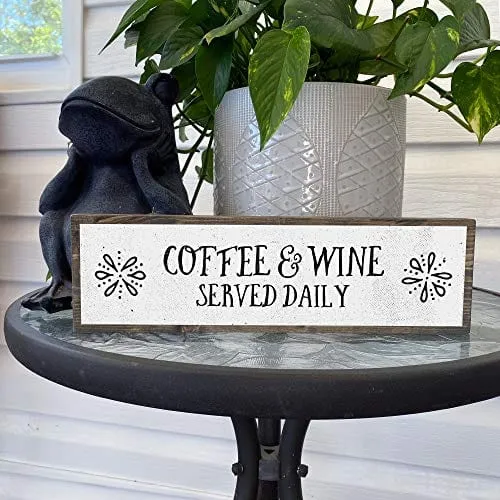 ANVEVO Coffee and Wine Served Daily - Handmade Metal Wood Coffee Sign – Cute Rustic Wall Decor Art - Farmhouse Decorations – Coffee Signs for Home Decor