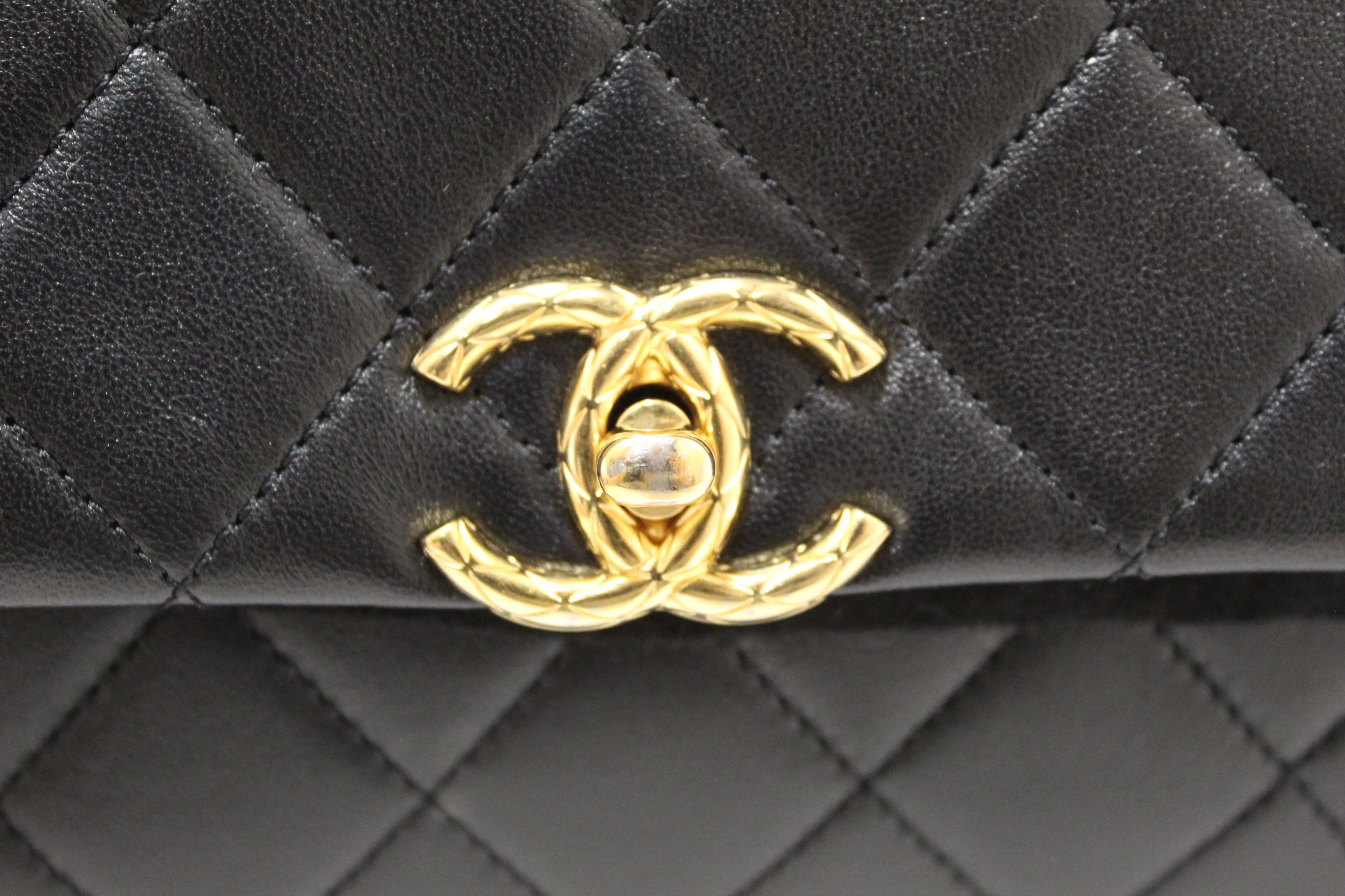 Authentic Chanel Black Calfskin Leather Large Flap Bag with Handle