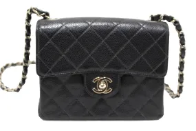 Authentic Chanel Black Quilted Caviar Leather Square Mini Classic Flap Bag