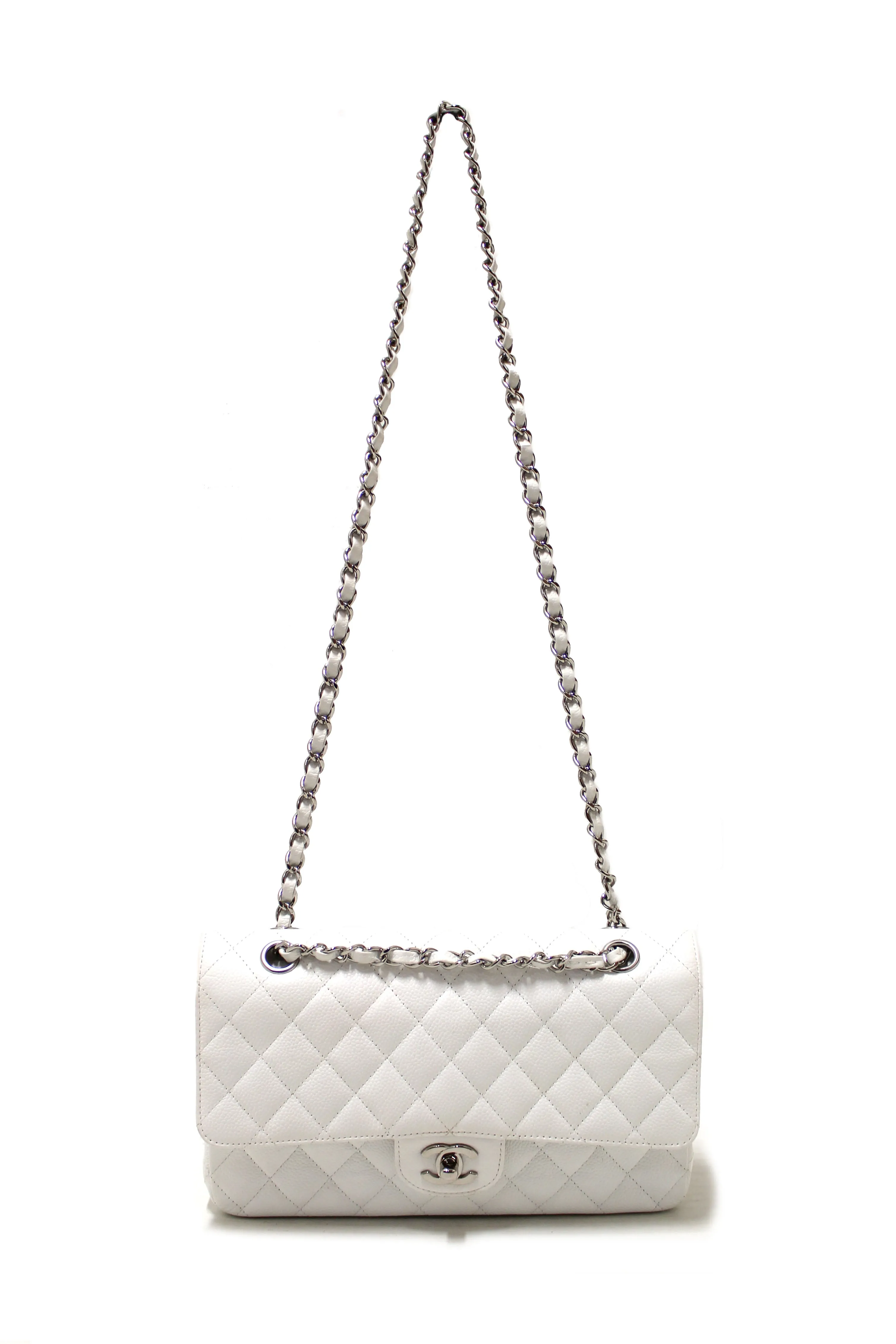 Authentic Chanel White Caviar Leather Medium Classic Flap Chain Handbag