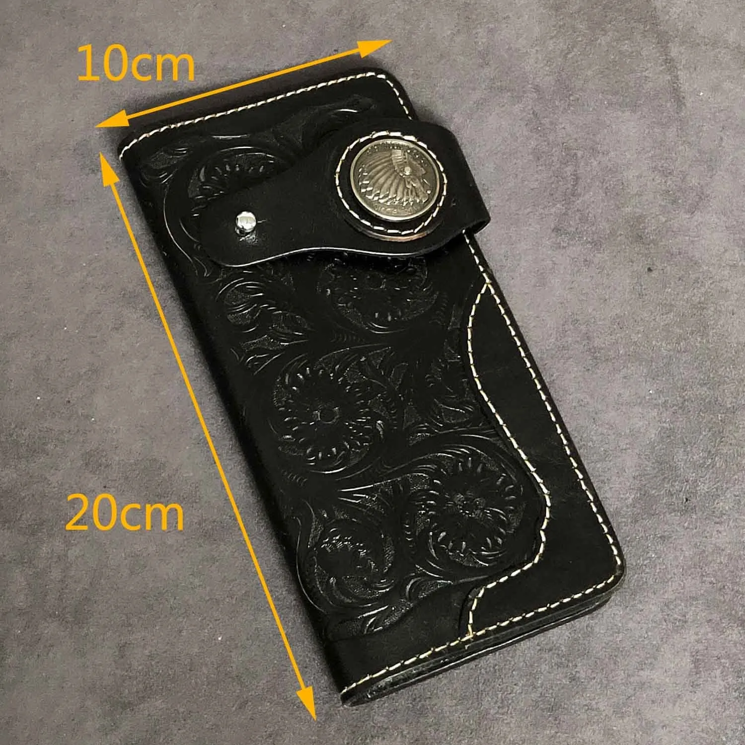 Badass Black Handmade Leather Men's Long Biker Wallet Bifold Tooled Long Wallet For Men