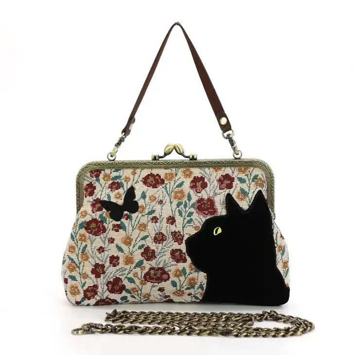 Bag - Floral Black Cat Kiss Lock Bag In Cotton Fabric