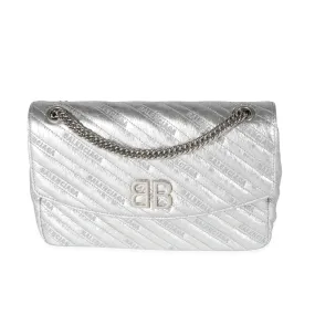 Balenciaga Silver Embossed Quilted Leather BB Round Large Flap Bag