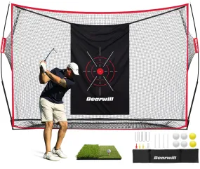 Bearwill Golf Net, 10x7ft Heavy Duty Golf Practice Net with Golf Mat, Target Cloth, 8 Golf Tees, 6 Golf Balls, Carry Bag, Golf Training Net for Backyard Driving Chipping Indoor Outdoor Training