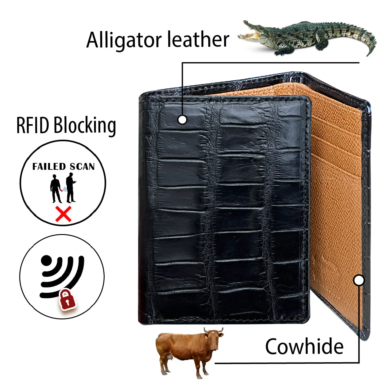 Black Alligator Leather Trifold Wallet RFID Blocking | TRI16