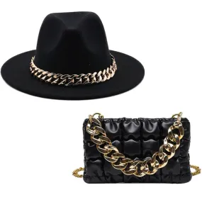 Black Fedora Hat and Chain Bag Set