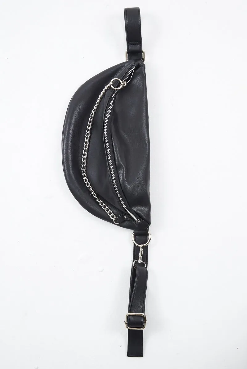 Black Silver Chain Front PU Bum Bag - Genora