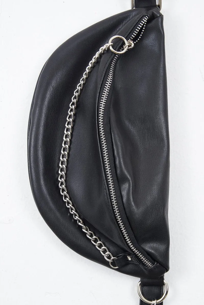 Black Silver Chain Front PU Bum Bag - Genora