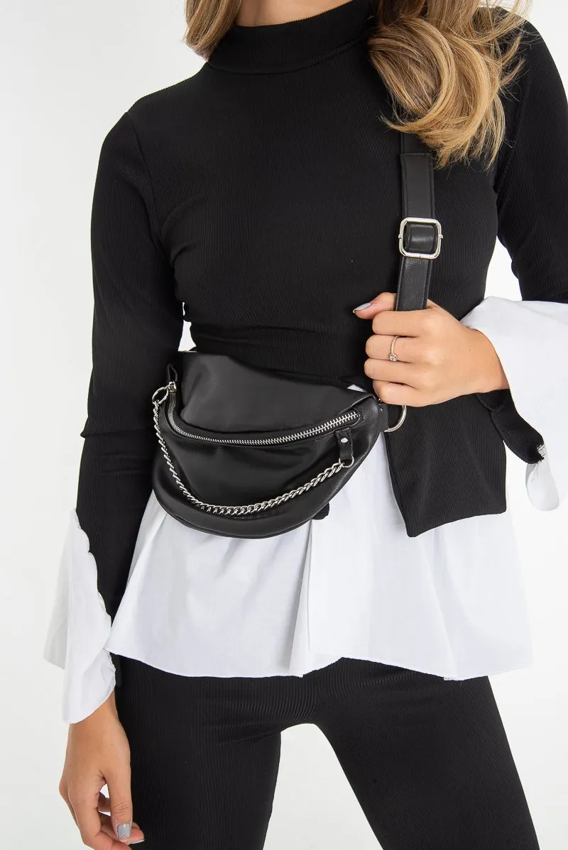 Black Silver Chain Front PU Bum Bag - Genora