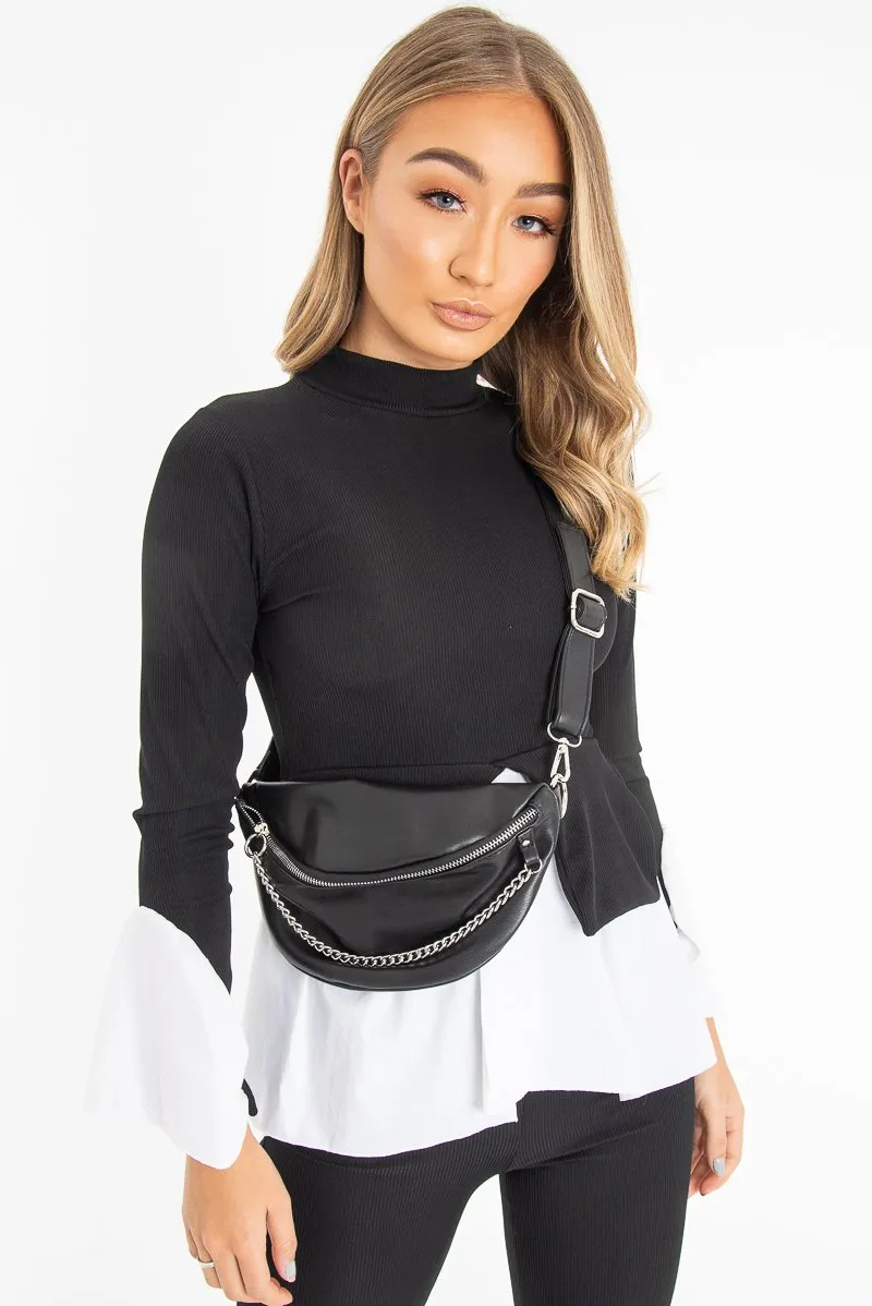 Black Silver Chain Front PU Bum Bag - Genora