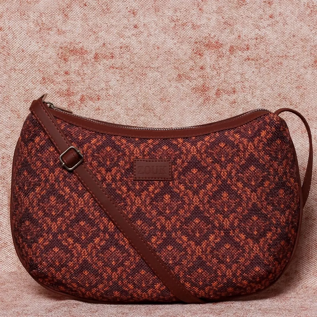 Brown Floral Motif Structured Shoulder Bag