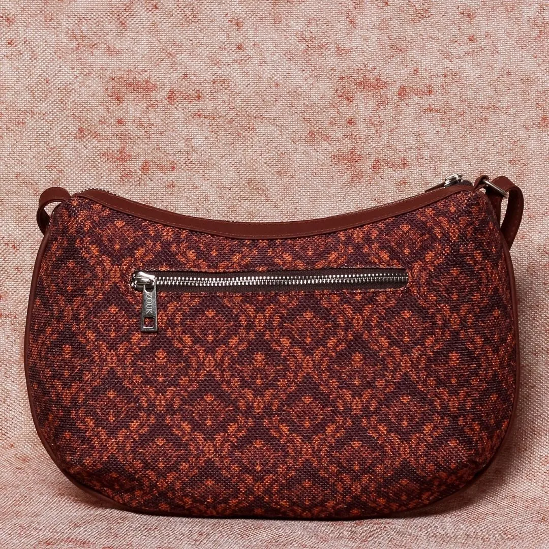 Brown Floral Motif Structured Shoulder Bag