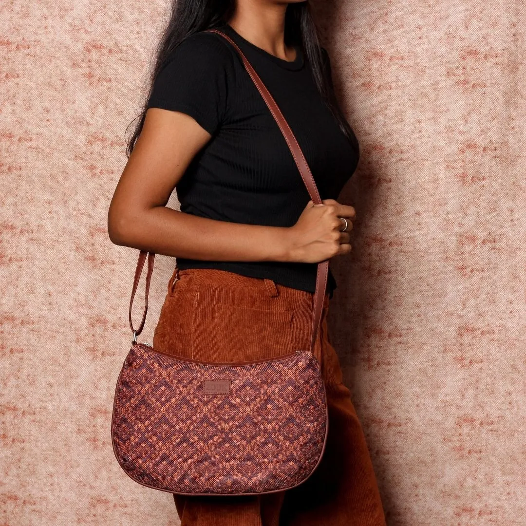 Brown Floral Motif Structured Shoulder Bag