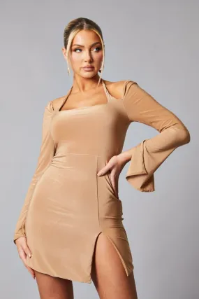 Camel Tie Neck Front Slit Mini Dress - Alinta