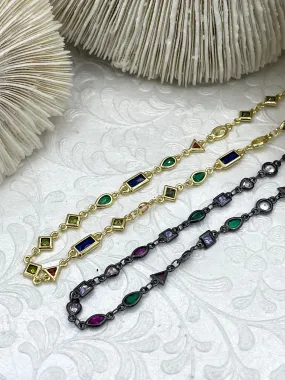 Colorful Cubic Zirconia Chains, Gold or Gunmetal Plated Brass Chain, Multicolor CZ, Sold By the Foot, Fast Ship