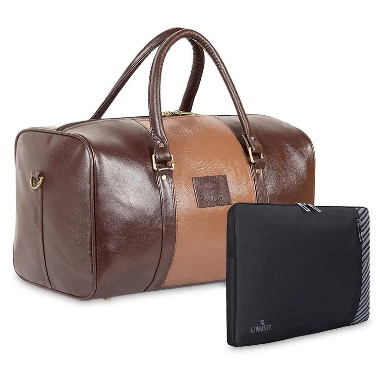 Combo: Clownfish Ambiance Faux Leather Duffle & Algo Laptop Sleeve | 20L | Coffee Brown & Caramel