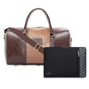 Combo: Clownfish Ambiance Faux Leather Duffle & Algo Laptop Sleeve | 20L | Coffee Brown & Caramel