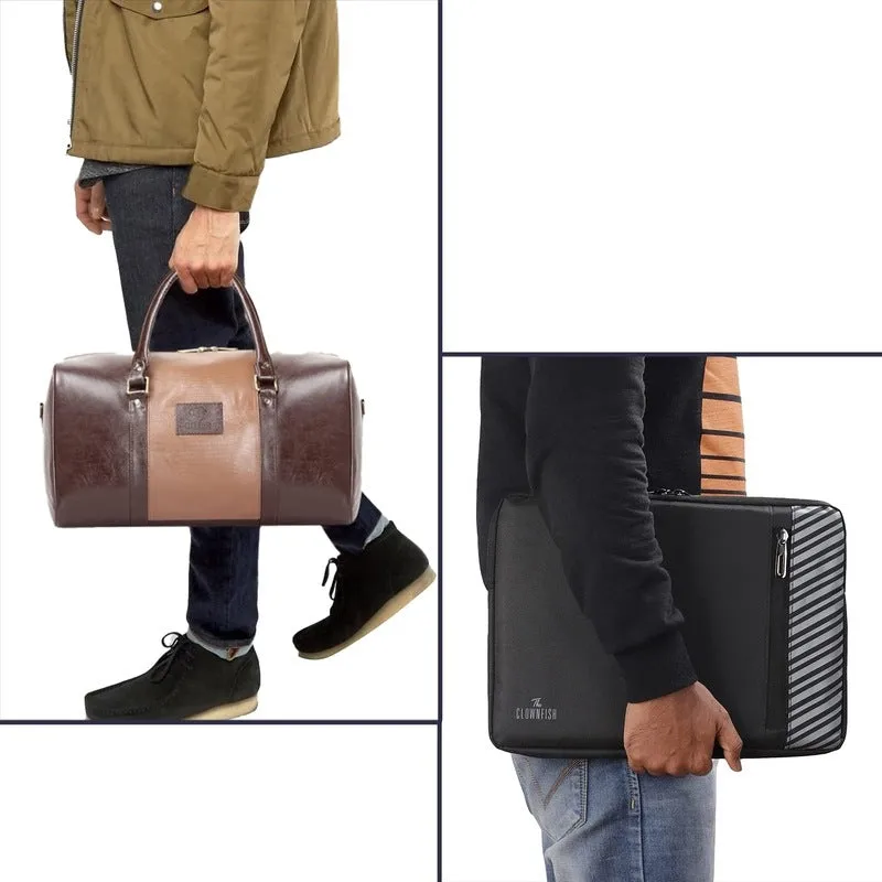 Combo: Clownfish Ambiance Faux Leather Duffle & Algo Laptop Sleeve | 20L | Coffee Brown & Caramel