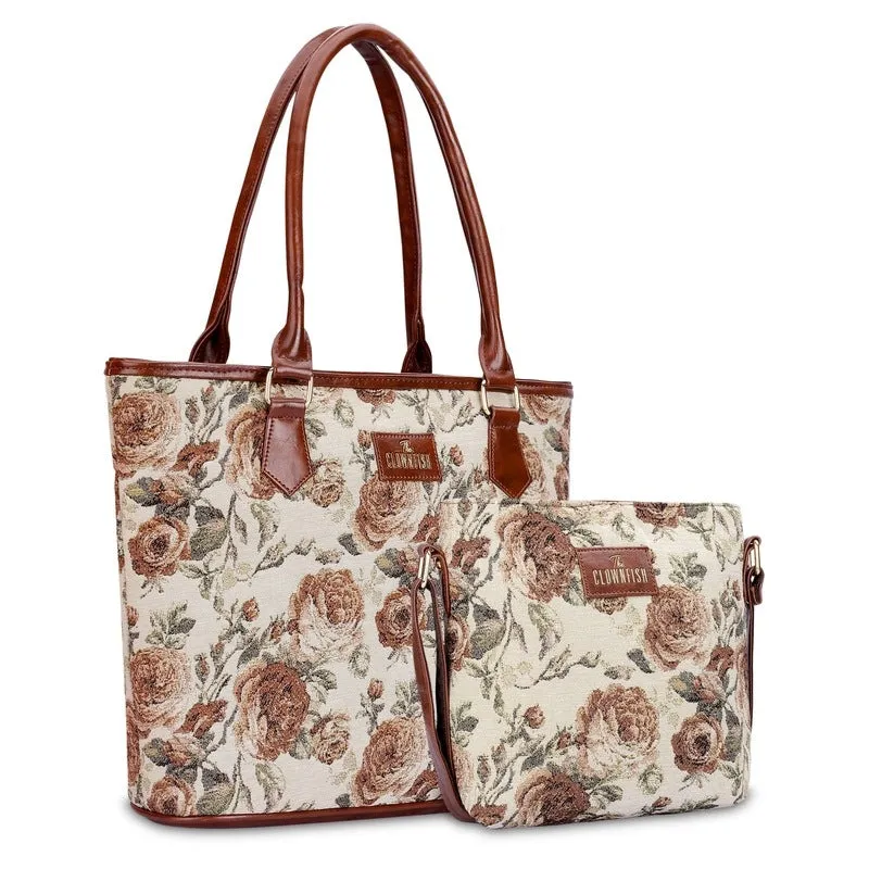 Combo: Linda Sling & Justina Handbag - Durable Tapestry Fabric | Adjustable Strap | Brown Floral