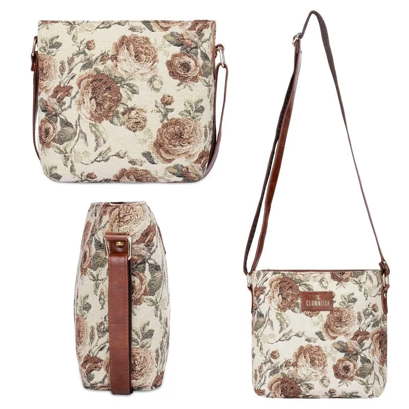 Combo: Linda Sling & Justina Handbag - Durable Tapestry Fabric | Adjustable Strap | Brown Floral