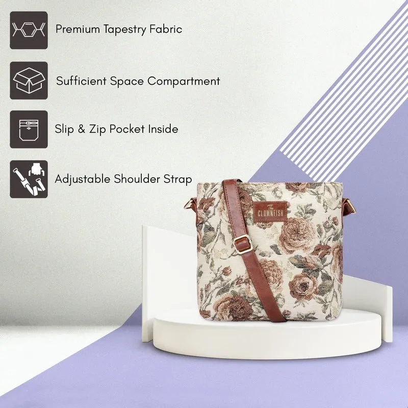 Combo: Linda Sling & Justina Handbag - Durable Tapestry Fabric | Adjustable Strap | Brown Floral