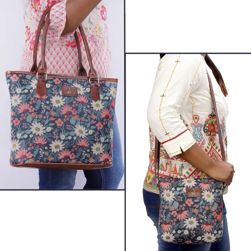 Combo: Linda Sling & Justina Handbag - Floral Design | 4 Pockets | Purple