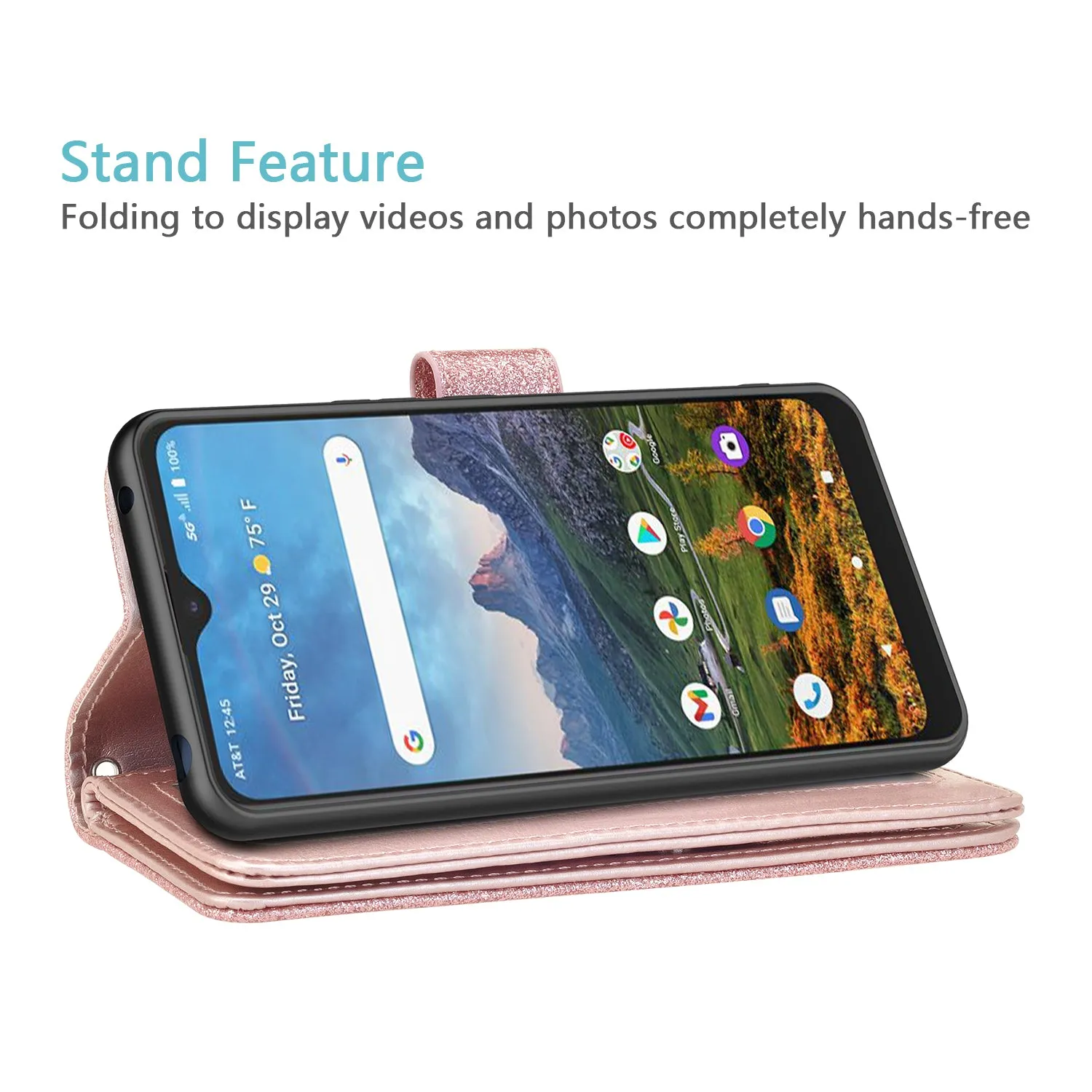 Cricket Dream 5G  Case, AT&T Radiant Max 5G / AT&T Fusion 5G Case, Glitter Faux Leather Flip Credit Card Holder Wrist Strap Shockproof Protective Wallet Case Clutch for Cricket Dream 5G / AT&T Radiant Max 5G / AT&T Fusion 5G - Rose Gold