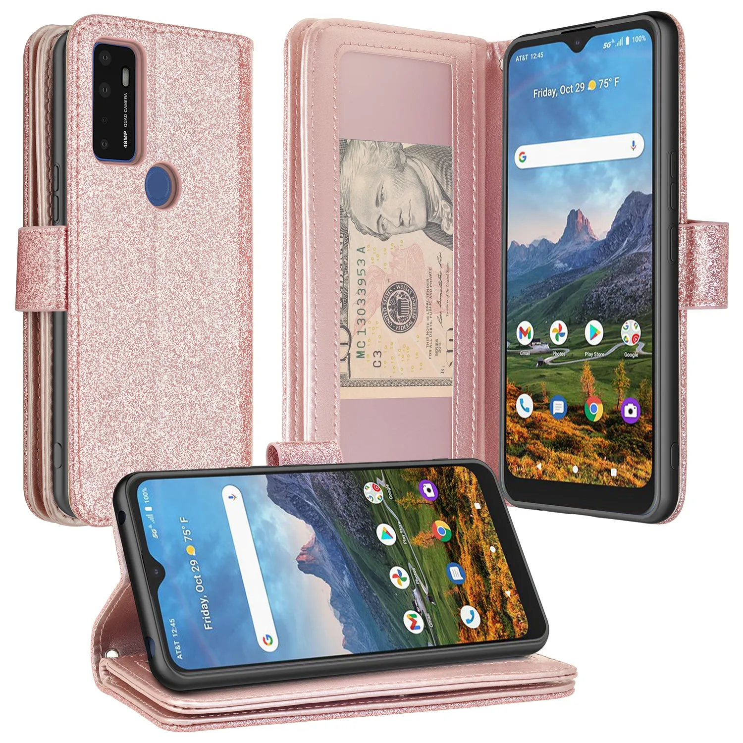 Cricket Dream 5G  Case, AT&T Radiant Max 5G / AT&T Fusion 5G Case, Glitter Faux Leather Flip Credit Card Holder Wrist Strap Shockproof Protective Wallet Case Clutch for Cricket Dream 5G / AT&T Radiant Max 5G / AT&T Fusion 5G - Rose Gold