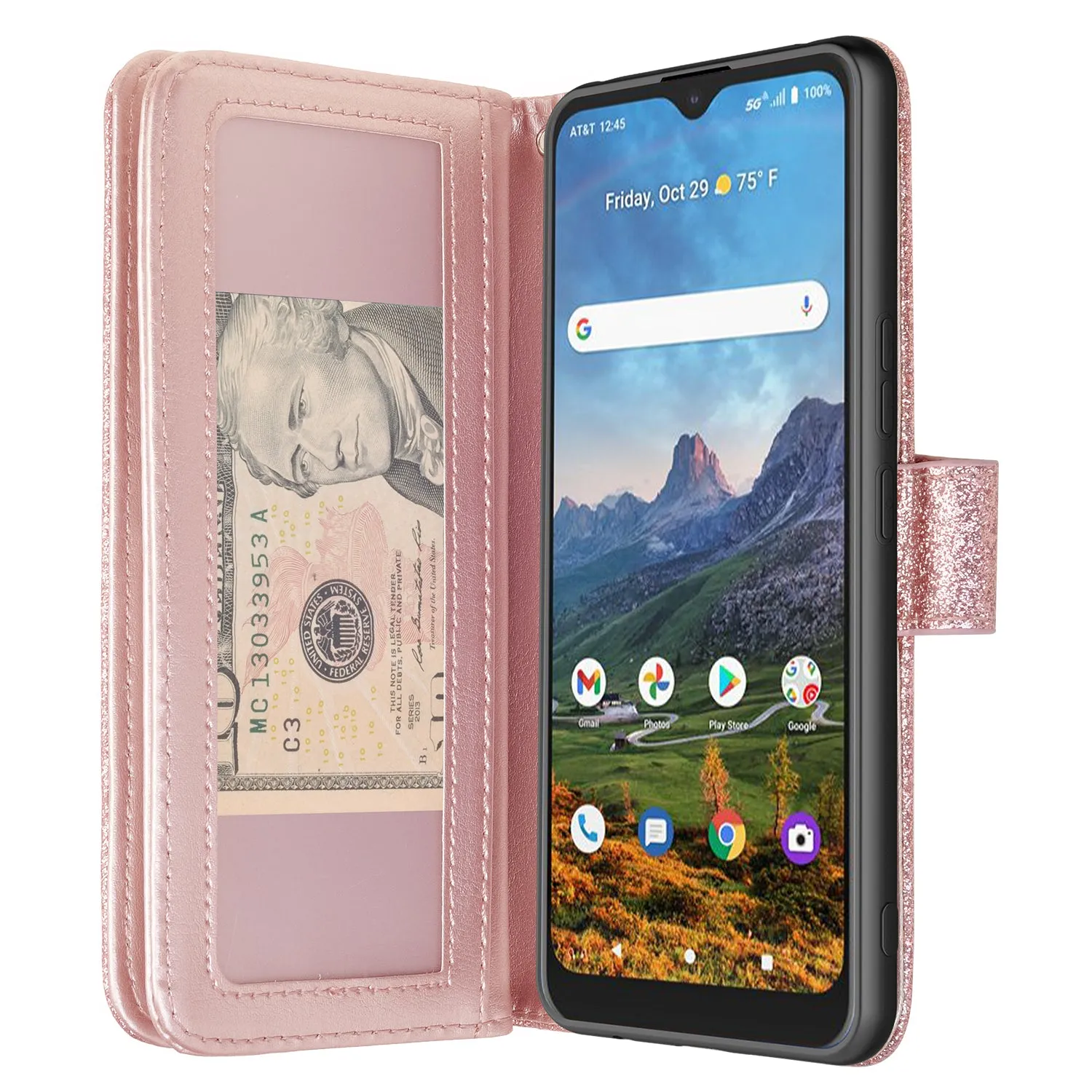 Cricket Dream 5G  Case, AT&T Radiant Max 5G / AT&T Fusion 5G Case, Glitter Faux Leather Flip Credit Card Holder Wrist Strap Shockproof Protective Wallet Case Clutch for Cricket Dream 5G / AT&T Radiant Max 5G / AT&T Fusion 5G - Rose Gold