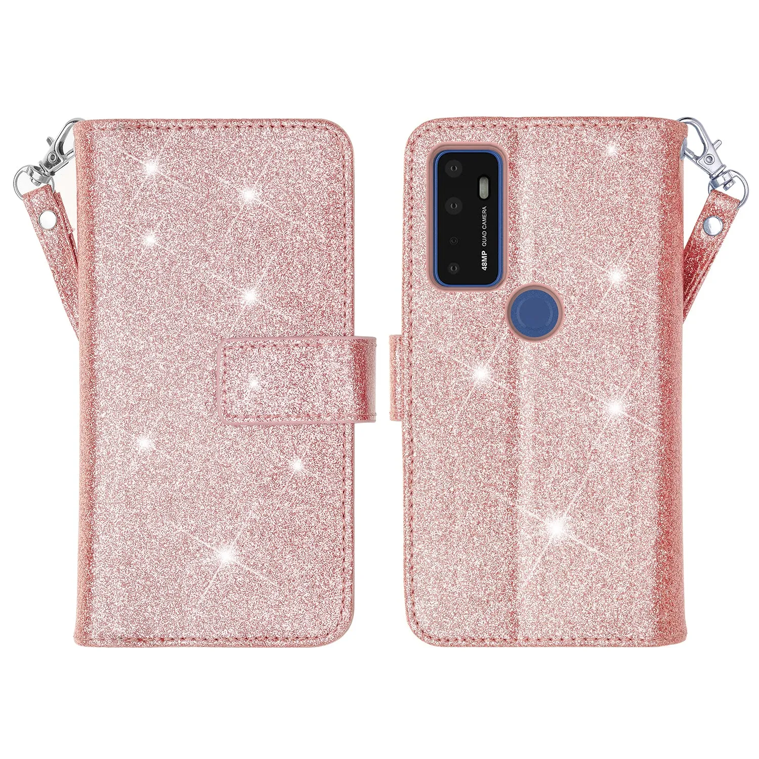 Cricket Dream 5G  Case, AT&T Radiant Max 5G / AT&T Fusion 5G Case, Glitter Faux Leather Flip Credit Card Holder Wrist Strap Shockproof Protective Wallet Case Clutch for Cricket Dream 5G / AT&T Radiant Max 5G / AT&T Fusion 5G - Rose Gold