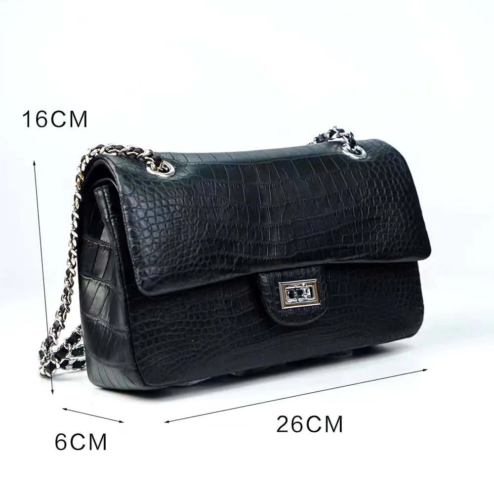 Crocodile Leather Double Flap Chain Shoulder Bag