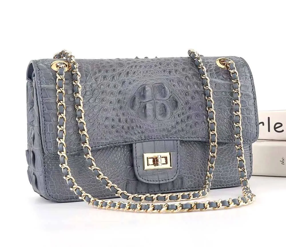 Crocodile Leather Flap Chain Shoulder Bag Dark Grey