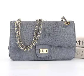 Crocodile Leather Flap Chain Shoulder Bag Dark Grey