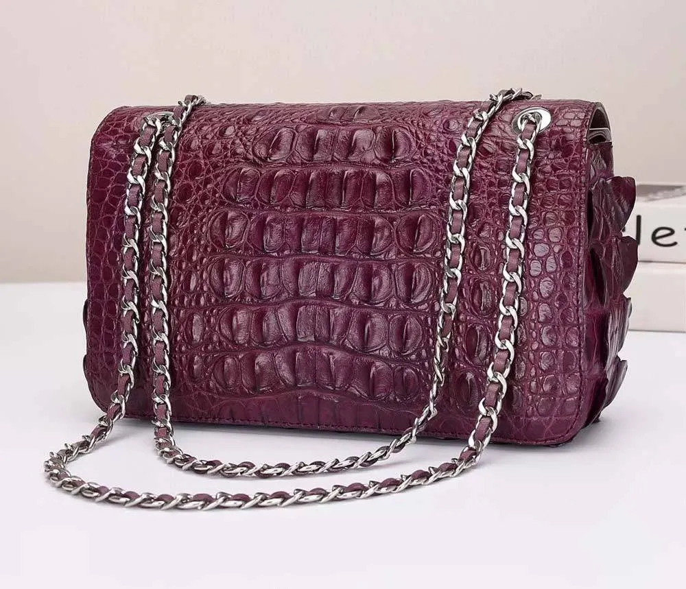 Crocodile Leather Flap Chain Shoulder Bag Wine Red