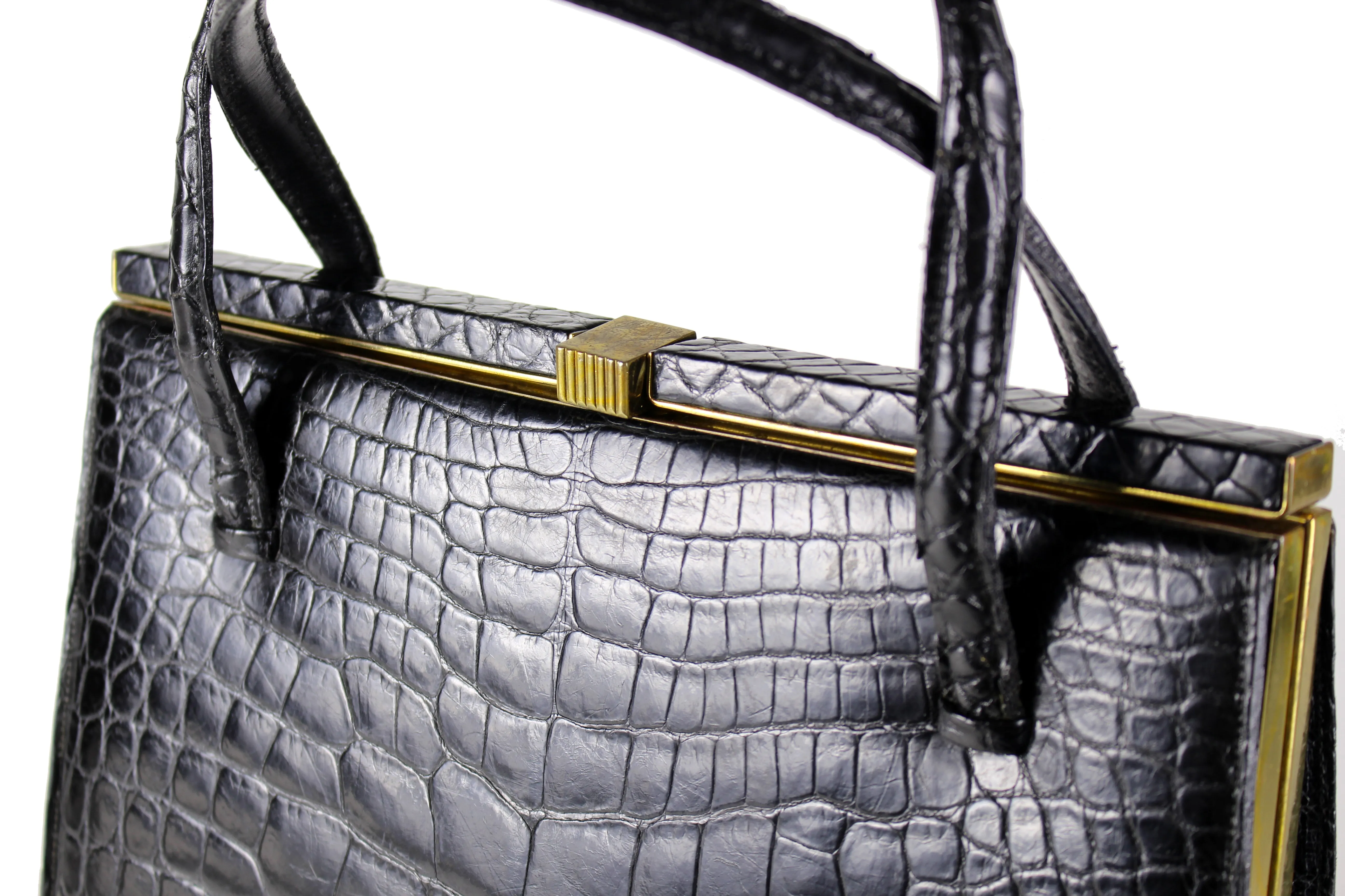 DEAUVILLE black crocodile skin handbag with twin handles