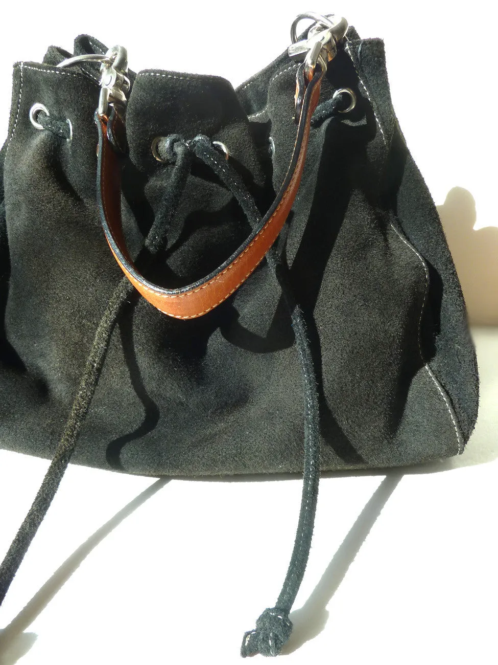 Drawstring Hobo Pouch Bag Napa Leather Grey Beige