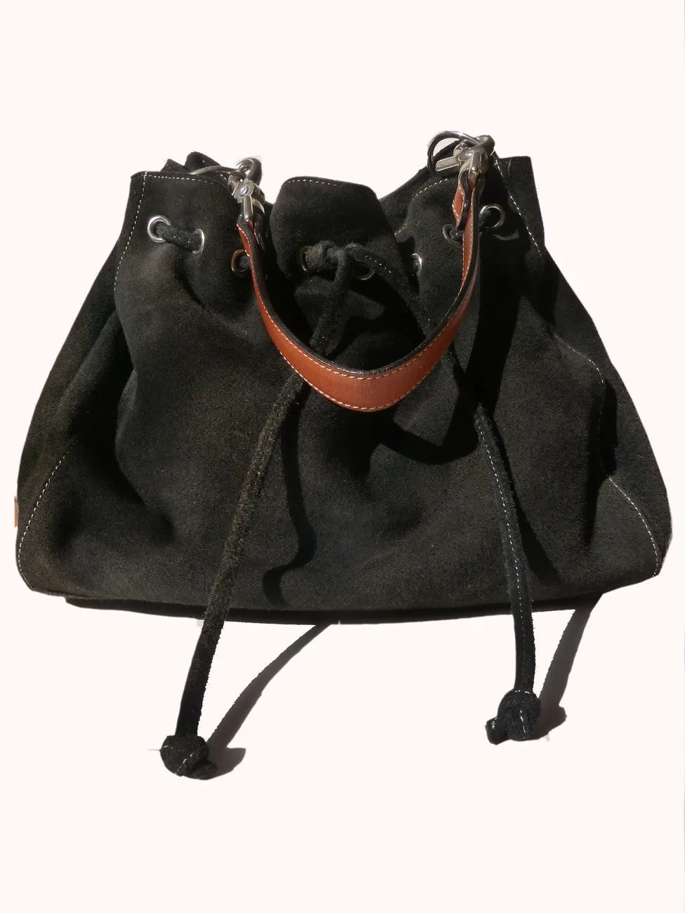 Drawstring Hobo Pouch Bag Napa Leather Grey Beige