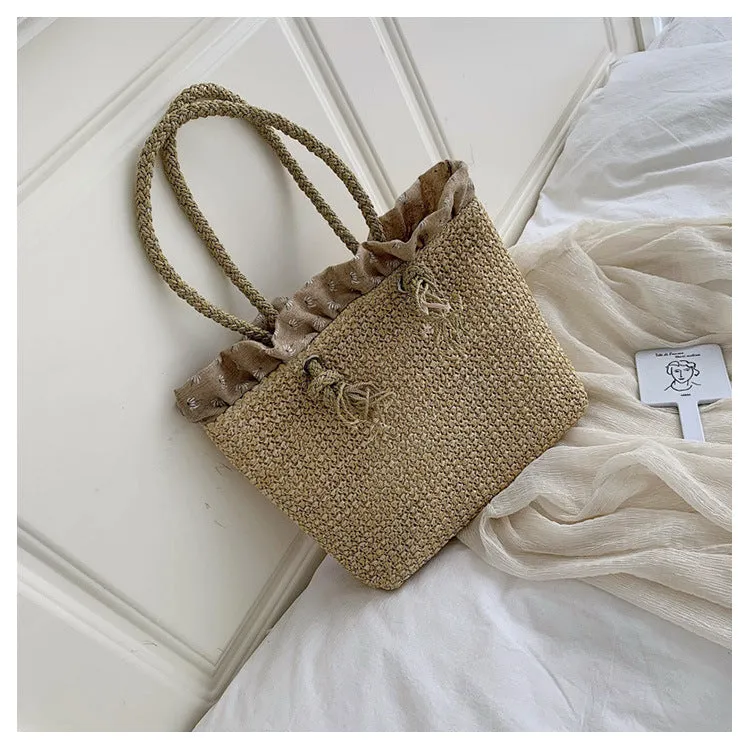 Eco-Friendly Woven Straw Bucket Style Tote Bag with Braided Handler.