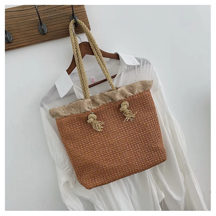 Eco-Friendly Woven Straw Bucket Style Tote Bag with Braided Handler.