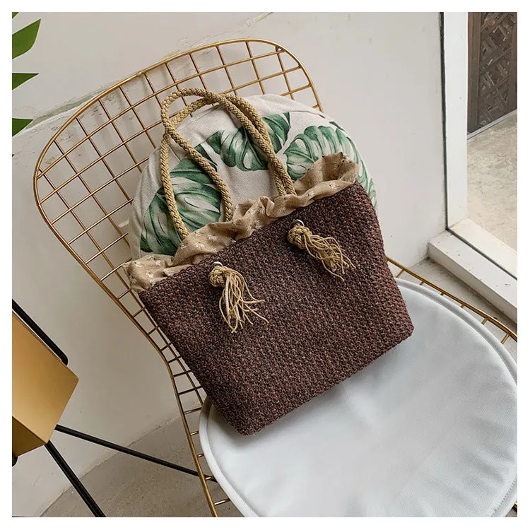 Eco-Friendly Woven Straw Bucket Style Tote Bag with Braided Handler.