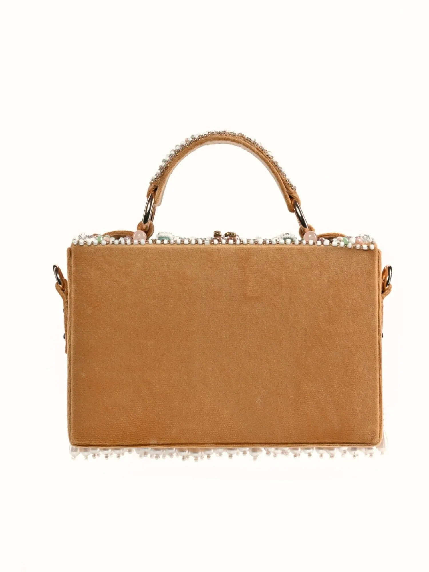 Elisa Beige Suede Embellished Box Bag