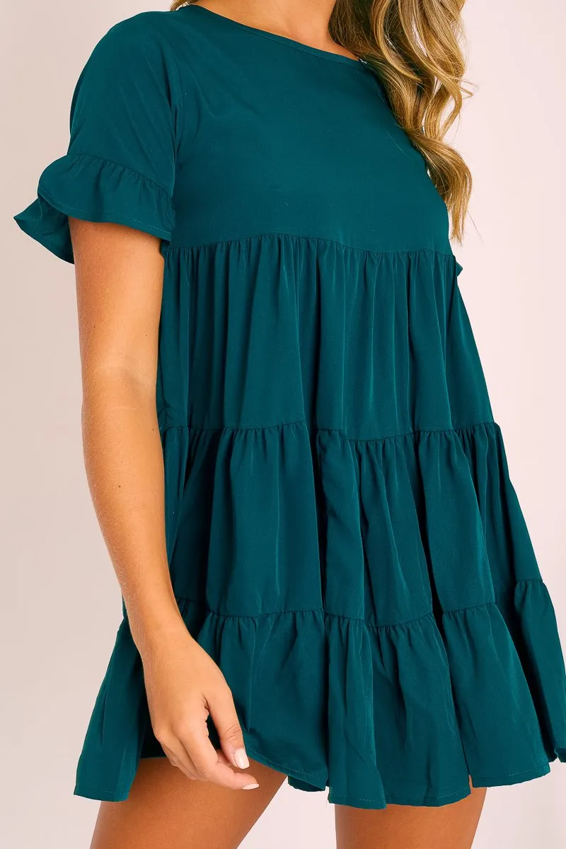 Emerald Green Smock Tiered Frill Sleeve Mini Dress - Olah